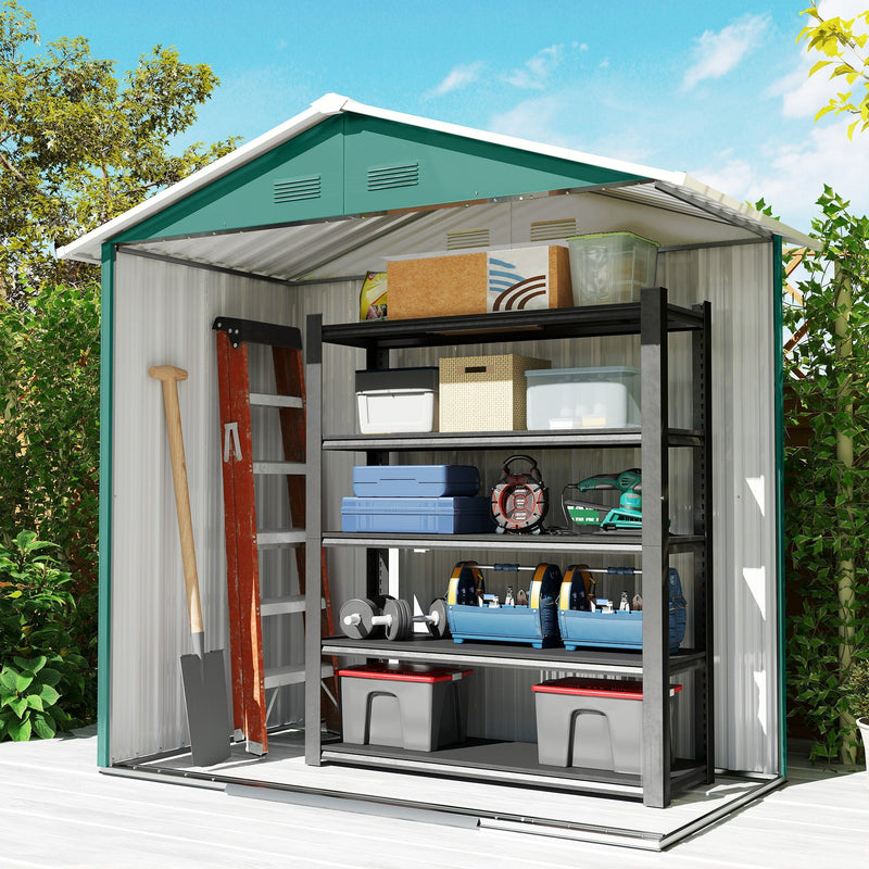 Green metal shed with doors open holding a spade, boxes and garden tools