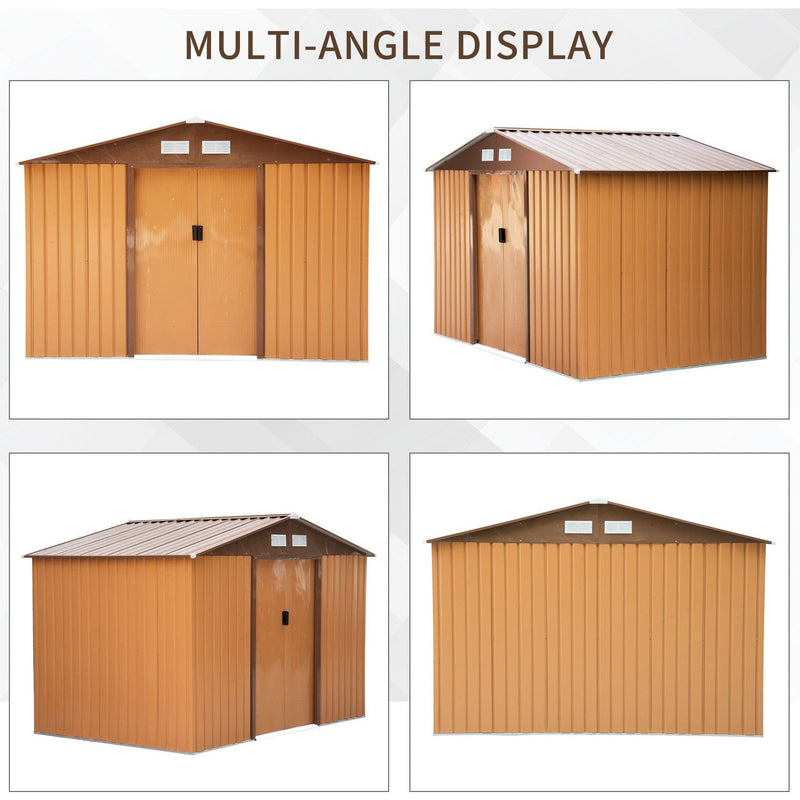 Multi-angle display of the tan yellow shed from four sides