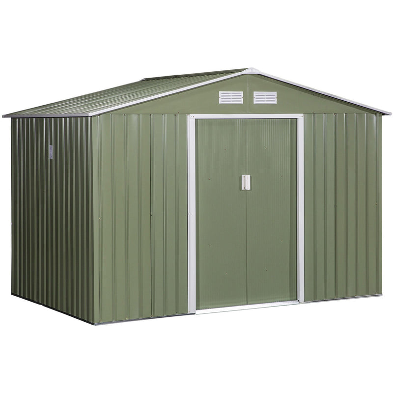 Light green shed studio view from the front left showing the apex roof