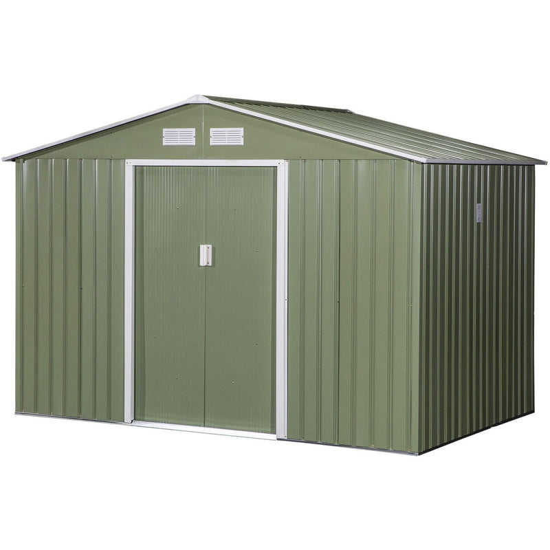 Light green shed studio view from the front right with the doors closed