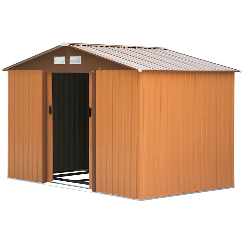 Tan yellow 9x6ft metal shed with the sliding door open showing the base frame