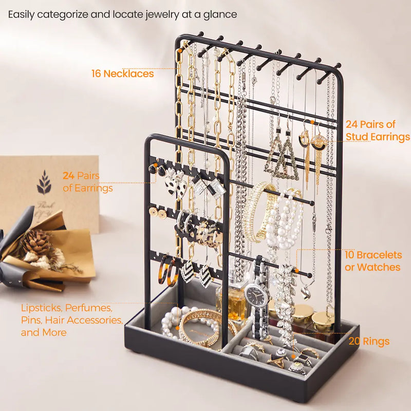 Studio shot of the black metal jewellery organiser stand on a plain background