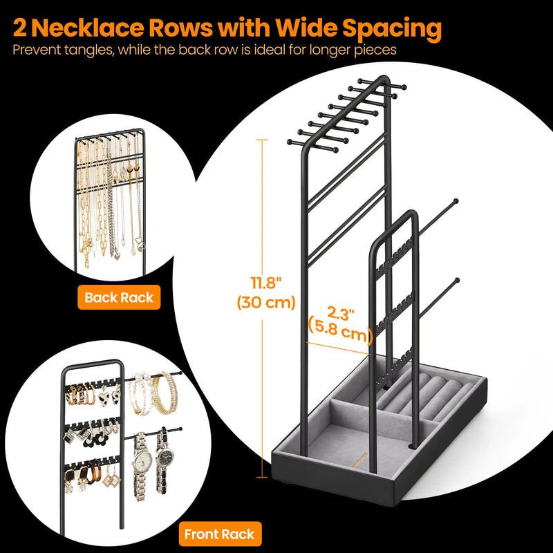 Close-up of the earring hook rail and ring tray on the jewellery organiser