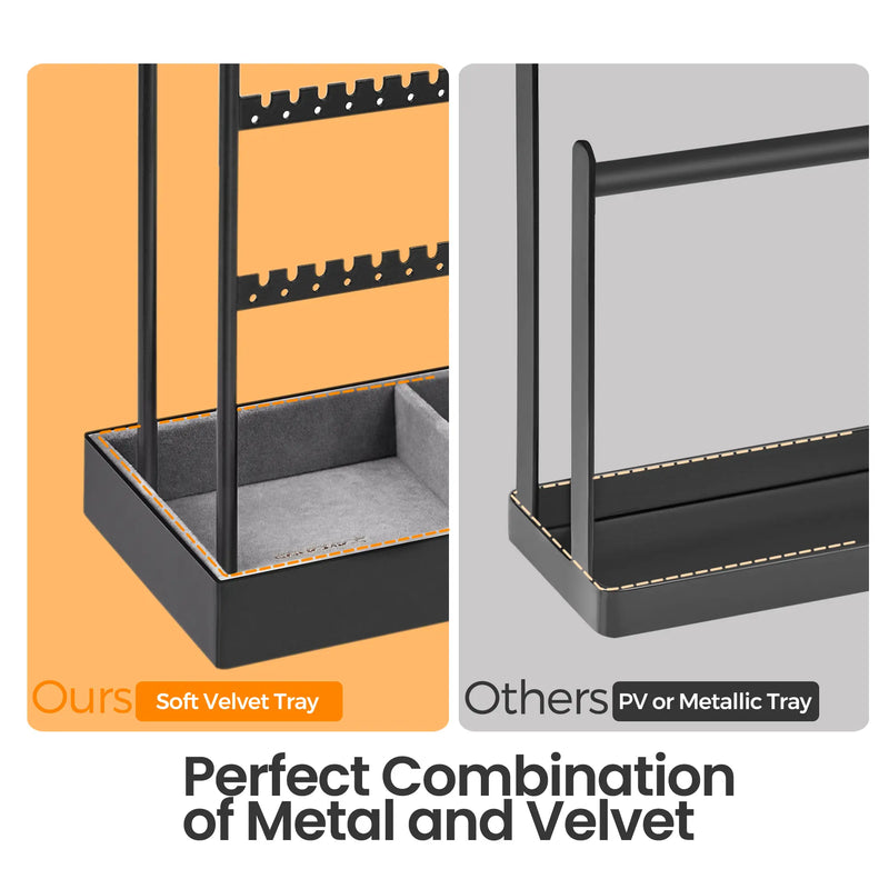 Close-up comparison graphic showing the soft velvet-lined tray base versus a hard metallic tray