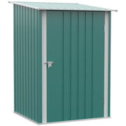 Green metal lean-to garden shed with a single latching door, front three-quarter studio view