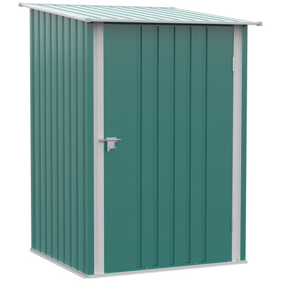 Green metal lean-to garden shed with a single latching door, front three-quarter studio view