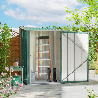 Green lean-to shed open on a garden deck with a step ladder and wellington boots stored inside