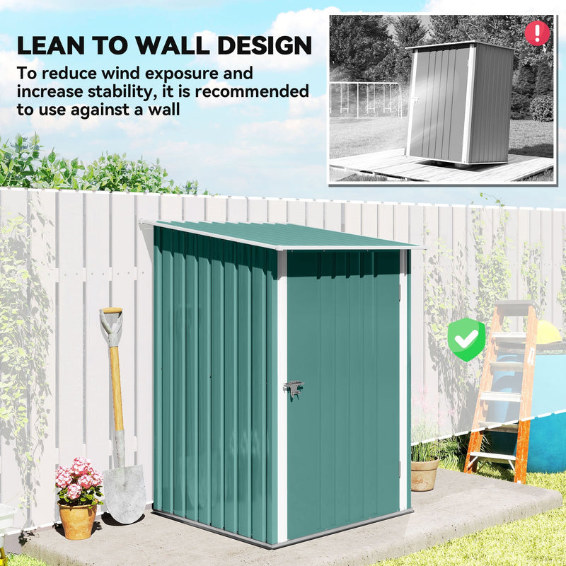 Lean-to wall design panel showing the shed placed against a garden wall for stability