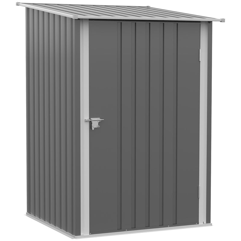 Grey metal lean-to garden shed with a single latching door, front three-quarter studio view