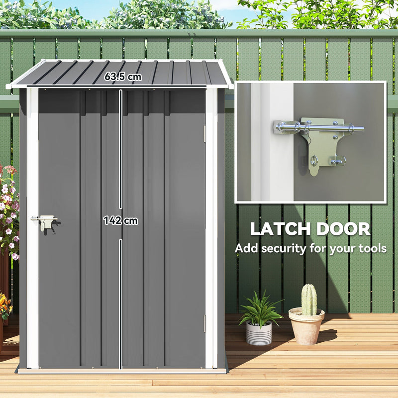 Close-up of the 63.5cm wide, 142cm tall shed door and its metal security latch