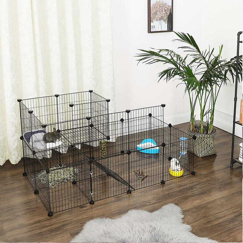Two-level pet playpen in a bright room with a rabbit resting on the upper platform