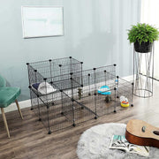 Pet playpen arranged in an open layout beside a chair and plant stand in a living room