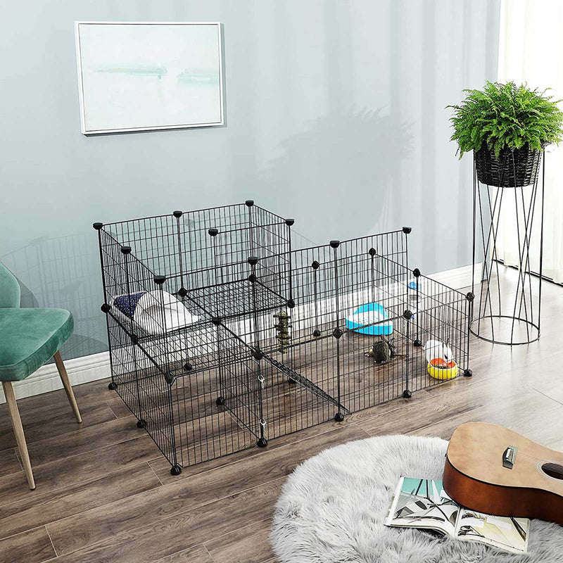 Pet playpen arranged in an open layout beside a chair and plant stand in a living room