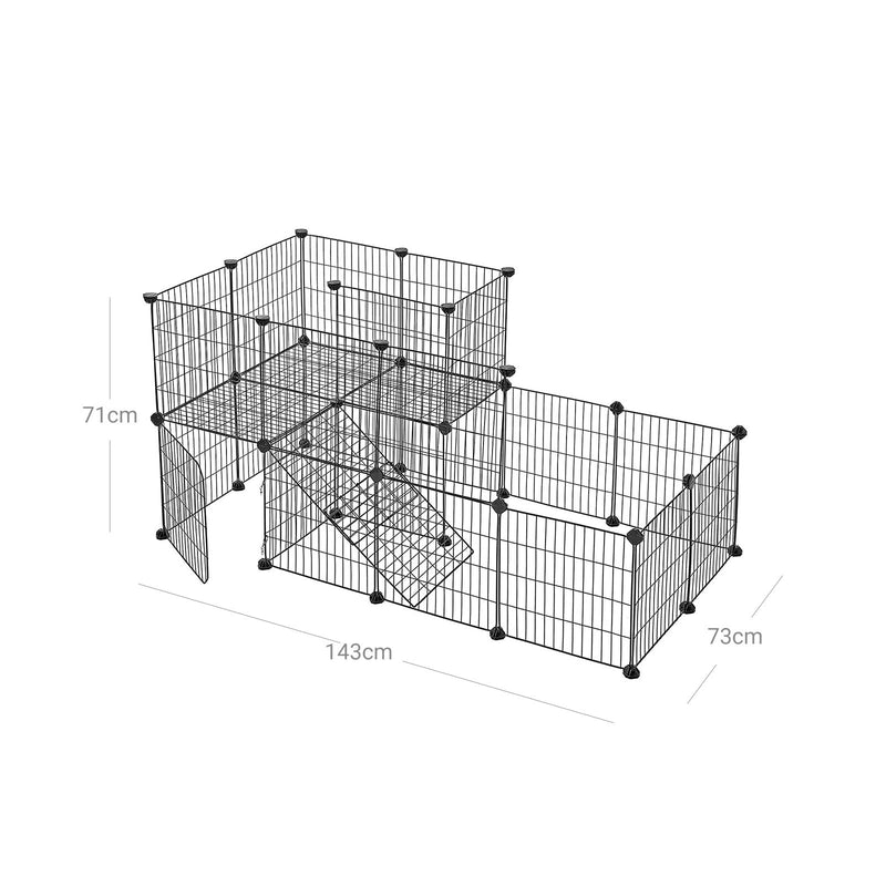 Dimensions diagram of the pet playpen showing 143 cm long, 73 cm deep and 71 cm high