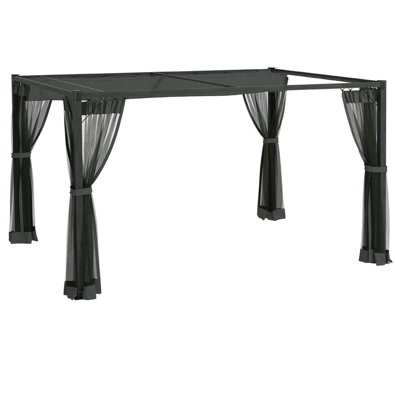 Metal Pergola Kit With Retractable Roof and Mosquito Net, Dark Grey