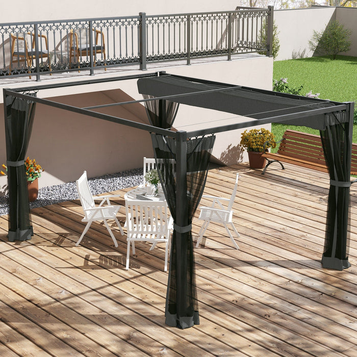 A stylish modern pergola on a deck with modern garden furniture beneath.