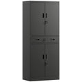 Homcom black metal storage cabinet with upper doors, centre drawer and lower doors closed