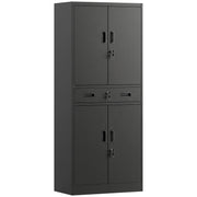 Homcom black metal storage cabinet with upper doors, centre drawer and lower doors closed
