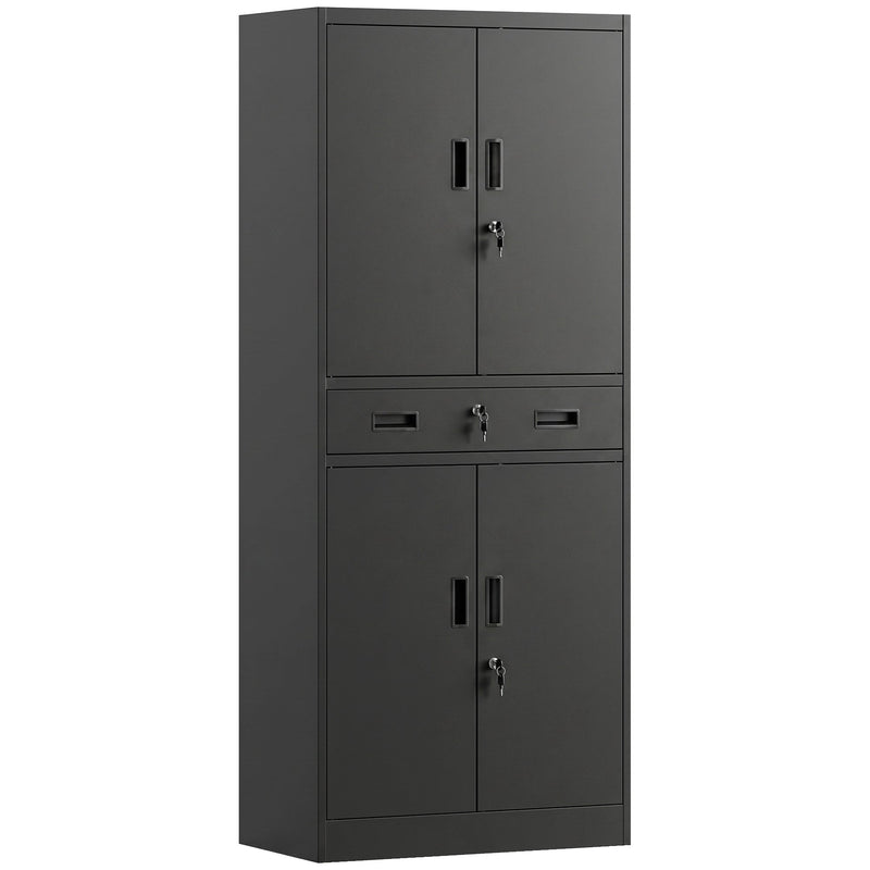 Homcom black metal storage cabinet with upper doors, centre drawer and lower doors closed