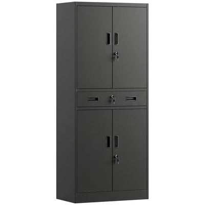 Homcom black metal storage cabinet with upper doors, centre drawer and lower doors closed