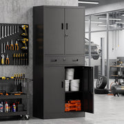 Storage cabinet in a garage workshop with the lower door open showing paint buckets and organiser boxes
