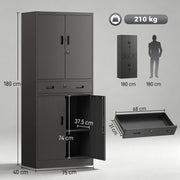 Dimension diagram showing the cabinet at 75 x 40 x 180 cm with a 68 x 31 cm drawer and 210 kg capacity