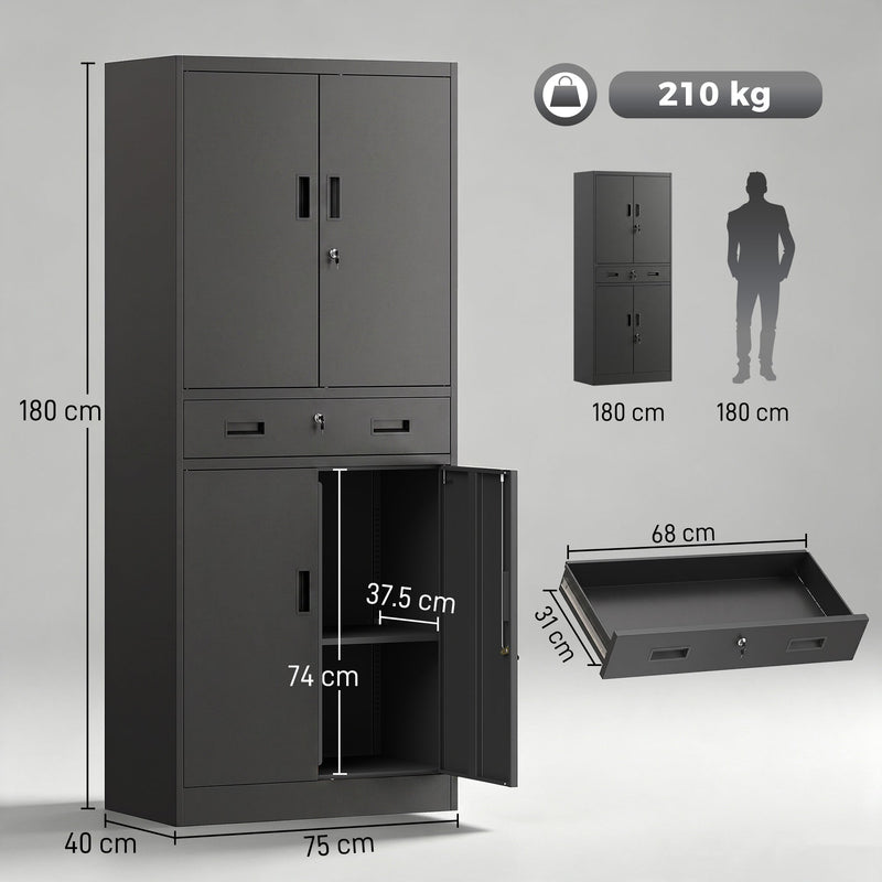 Dimension diagram showing the cabinet at 75 x 40 x 180 cm with a 68 x 31 cm drawer and 210 kg capacity