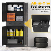 Open cabinet shelves stocked with paint tins and tool boxes, with a close-up of the open centre drawer