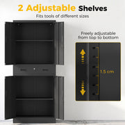 Both cabinets open showing the adjustable shelves and a 1.5 cm shelf adjustment close-up