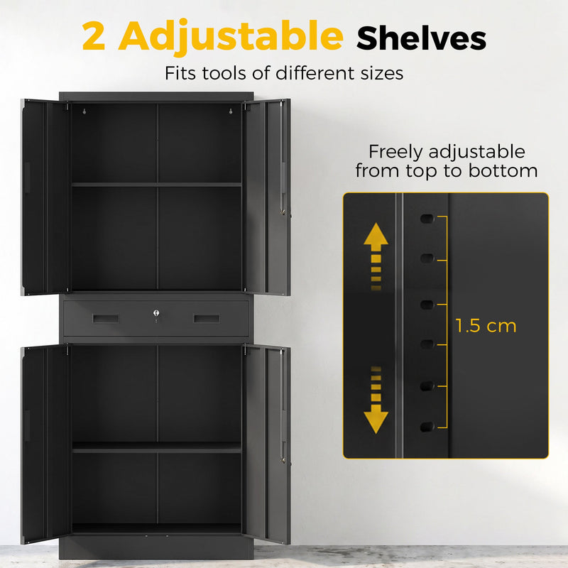Both cabinets open showing the adjustable shelves and a 1.5 cm shelf adjustment close-up