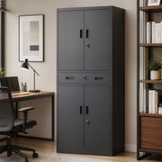 Black storage cabinet standing in a home office beside a desk and bookshelf