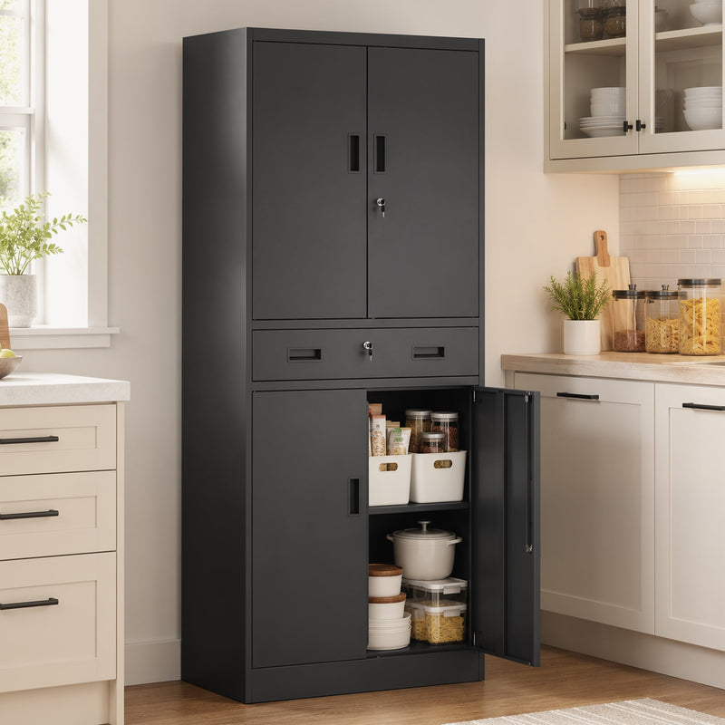 Storage cabinet in a kitchen with the lower door open revealing pantry jars and cookware