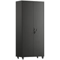 Homcom black metal storage cabinet on wheels with doors closed