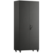 Homcom black metal storage cabinet on wheels with doors closed