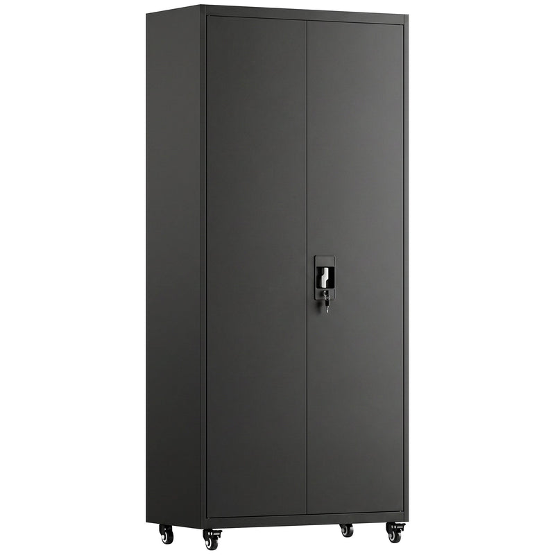 Homcom black metal storage cabinet on wheels with doors closed