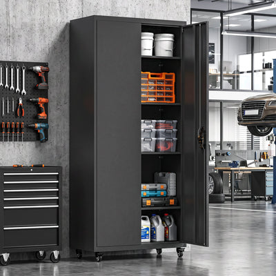 Open storage cabinet in a garage workshop holding paint tins, tool trays and toolboxes