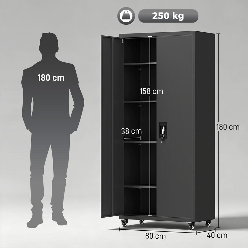 Dimension diagram showing the cabinet at 80 x 40 x 180 cm with 250 kg capacity