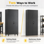 Two cabinets side by side showing rolling mode on casters and stationary floor-standing mode