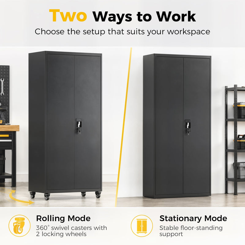 Two cabinets side by side showing rolling mode on casters and stationary floor-standing mode
