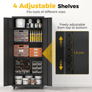Open cabinet shelves loaded with paint tins and storage bins, with a 1.5 cm shelf adjustment close-up