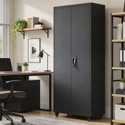 Black storage cabinet standing in a home office beside a desk and bookshelf