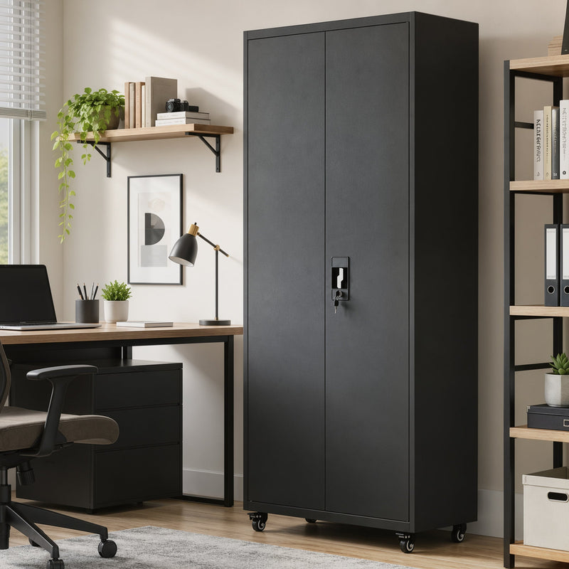 Black storage cabinet standing in a home office beside a desk and bookshelf