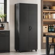 Black storage cabinet standing in a kitchen beside open pantry shelving