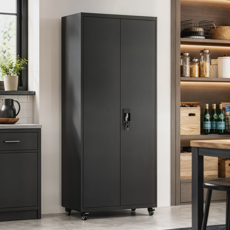 Black storage cabinet standing in a kitchen beside open pantry shelving
