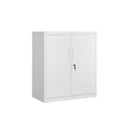 Studio shot of the white metal 2-door lockable office storage cabinet