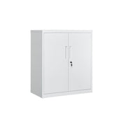 Studio shot of the white metal 2-door lockable office storage cabinet