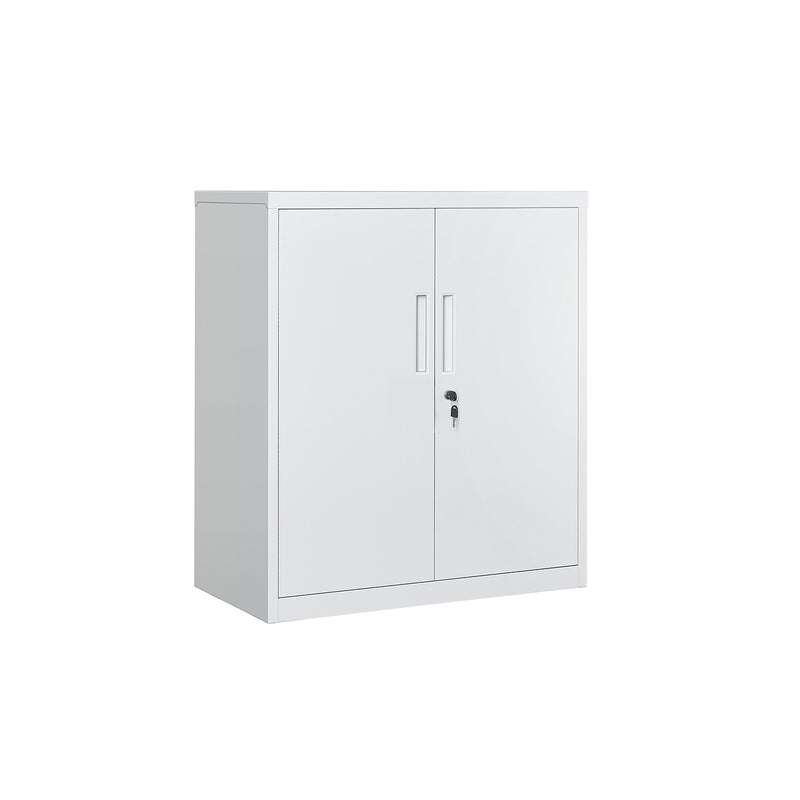 Studio shot of the white metal 2-door lockable office storage cabinet
