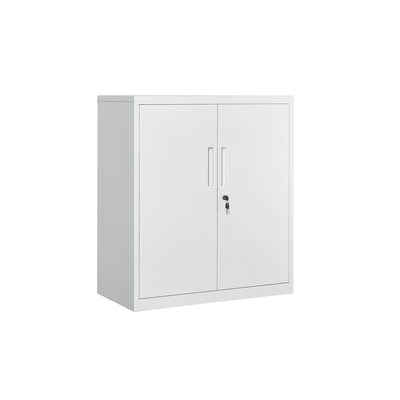 Studio shot of the white metal 2-door lockable office storage cabinet