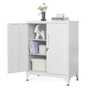 Front angle view of the white metal storage cabinet with key lock and door handles