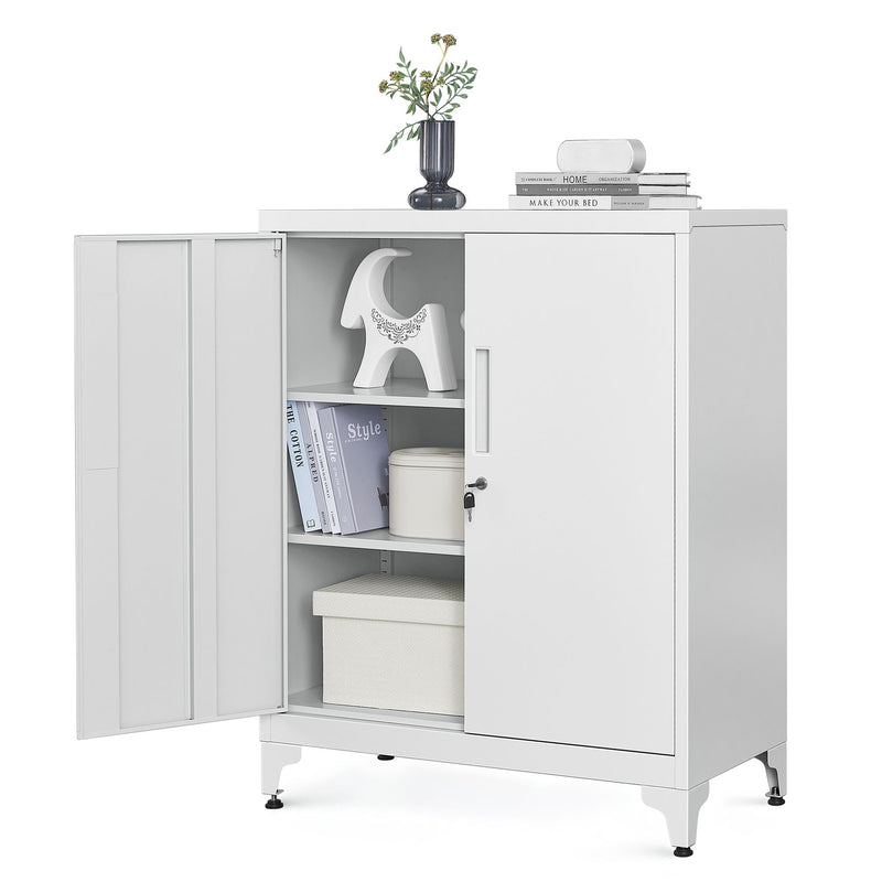 Front angle view of the white metal storage cabinet with key lock and door handles